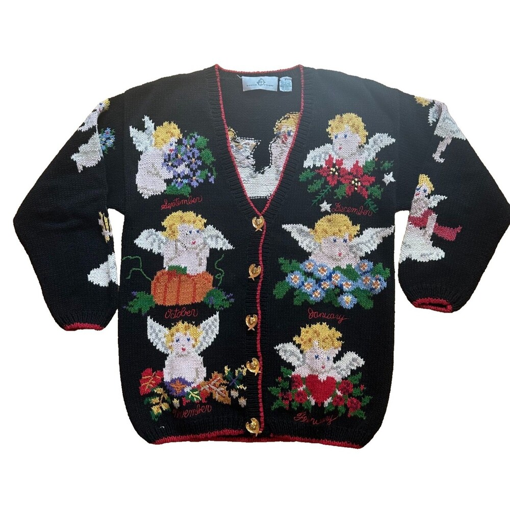 Vintage 90s Design Options Angel Cardigan Sweater S Monthly Angels Wearable Art